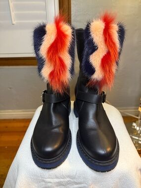 Fendi Black Leather Lace-Up Boots with Navy, Cream & Red Fur Trim